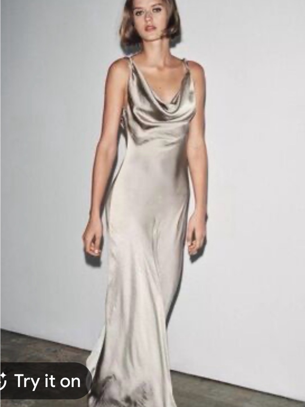 Zara Satin Cowl-Neck Maxi Dress in Champagne Silver